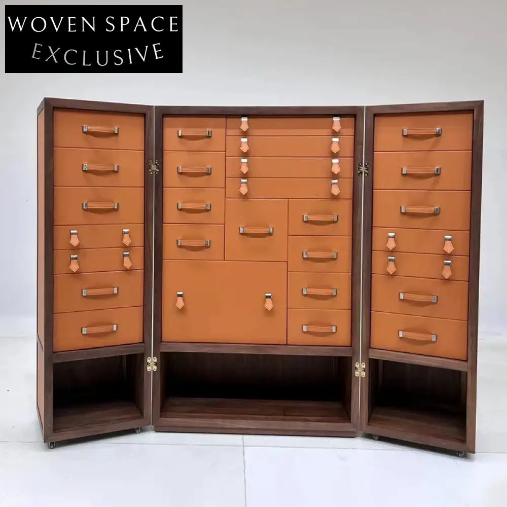 Italian Luxury Walnut Leather Jewelry Tool Storage Cabinet for Villa Living Room