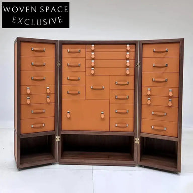 Italian Luxury Walnut Leather Jewelry Tool Storage Cabinet for Villa Living Room