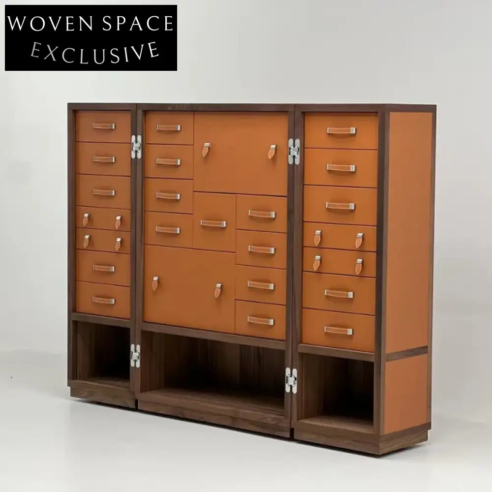 Italian Luxury Walnut Leather Jewelry Tool Storage Cabinet for Villa Living Room