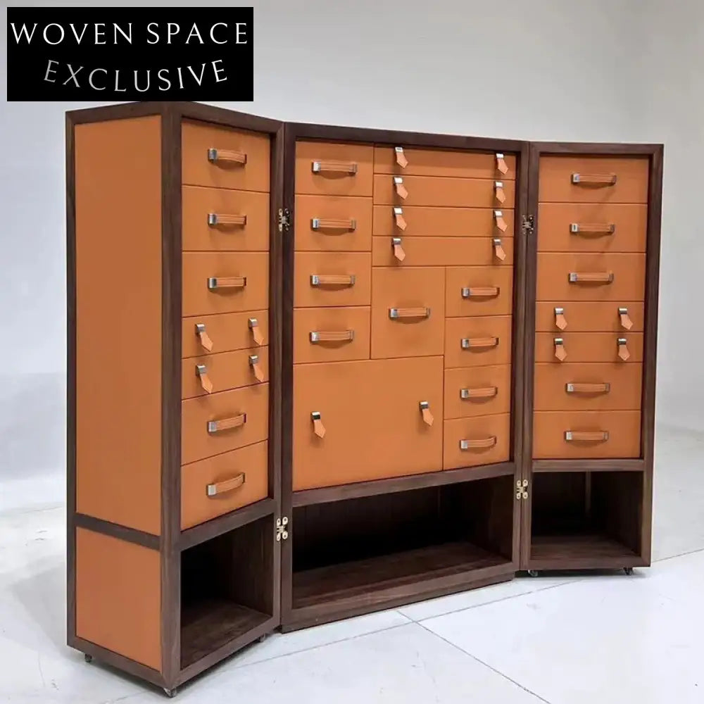 Italian Luxury Walnut Leather Jewelry Tool Storage Cabinet for Villa Living Room