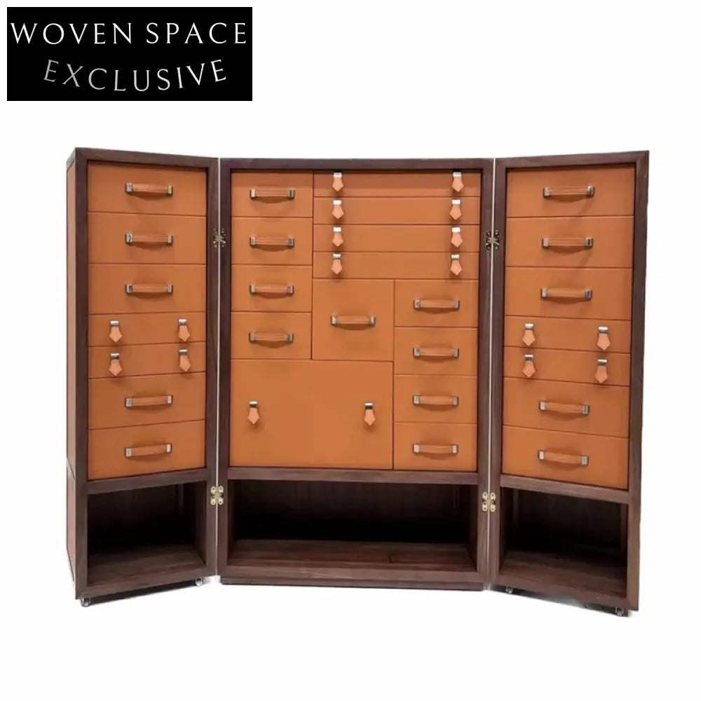 Italian Luxury Walnut Leather Jewelry Tool Storage Cabinet for Villa Living Room