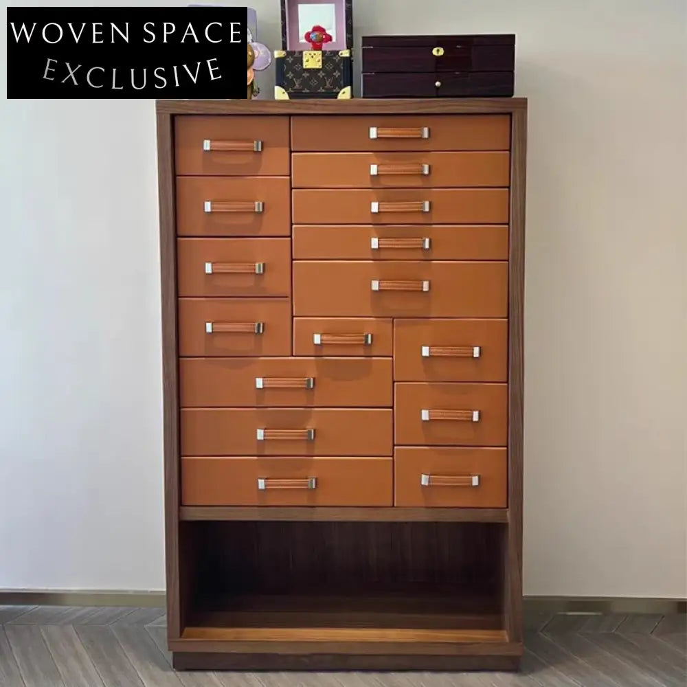 Italian Luxury Walnut Leather Jewelry Tool Storage Cabinet for Villa Living Room