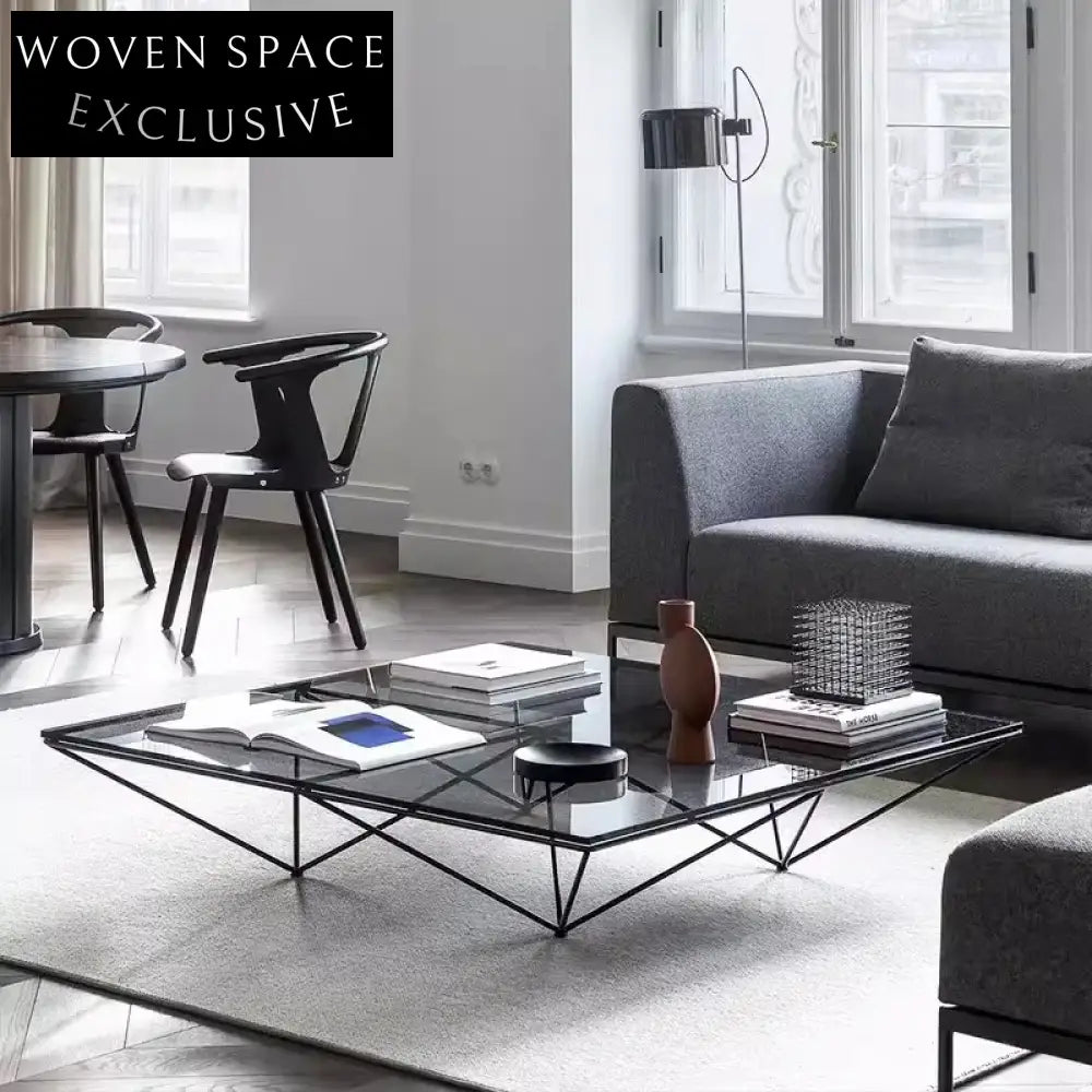 Italian Minimalist Luxury Metal Frame Glass Top Center Coffee Table