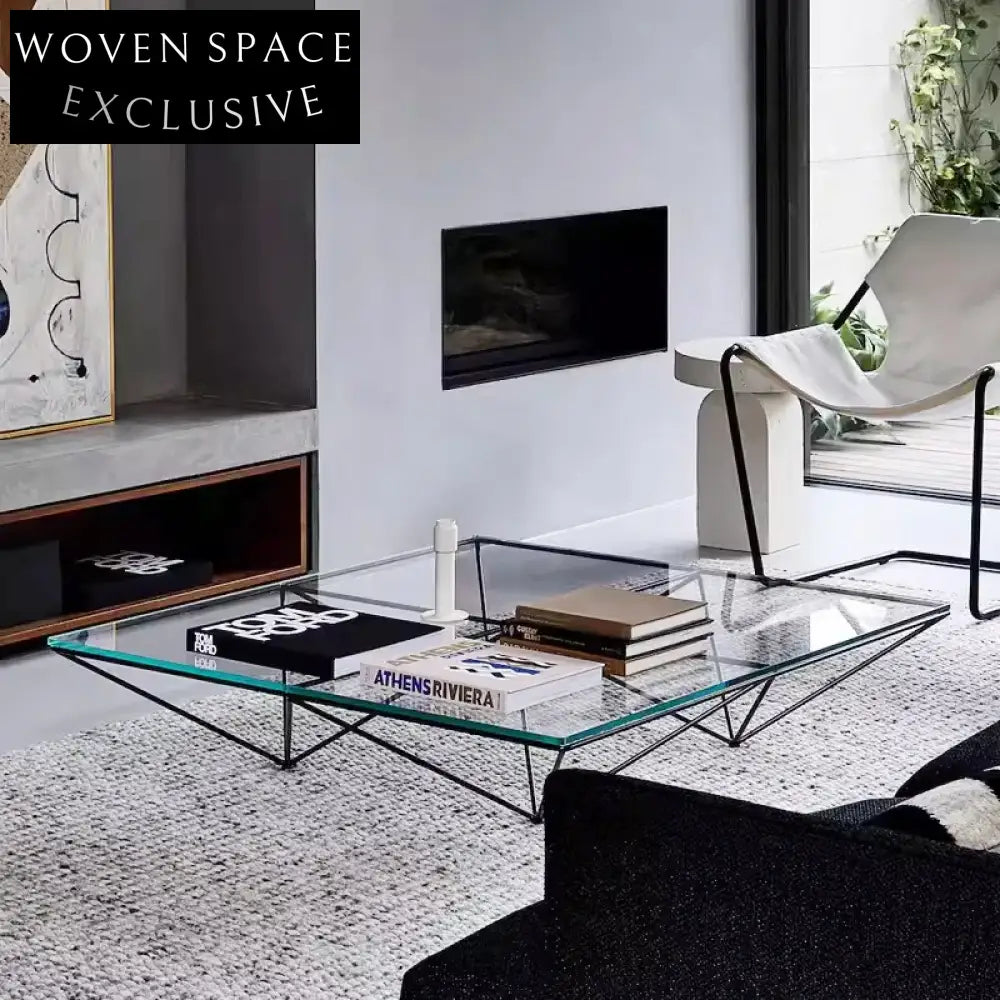 Italian Minimalist Luxury Metal Frame Glass Top Center Coffee Table