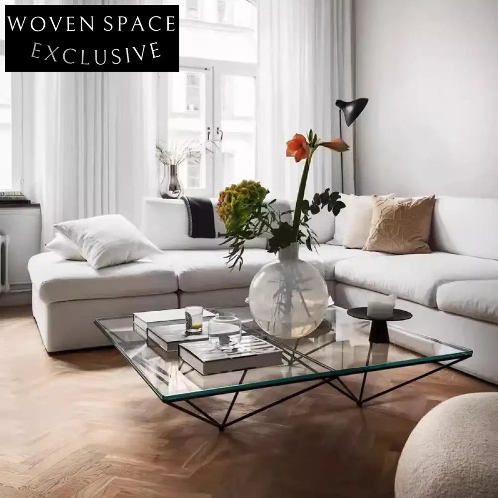 Italian Minimalist Luxury Metal Frame Glass Top Center Coffee Table