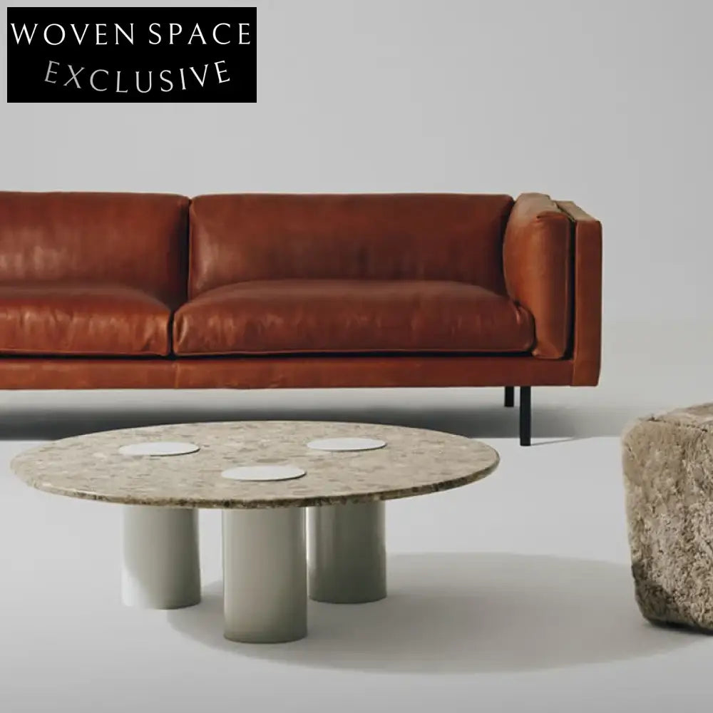 Italian Minimalist Round Travertine Living Room Coffee Table with Metal Base