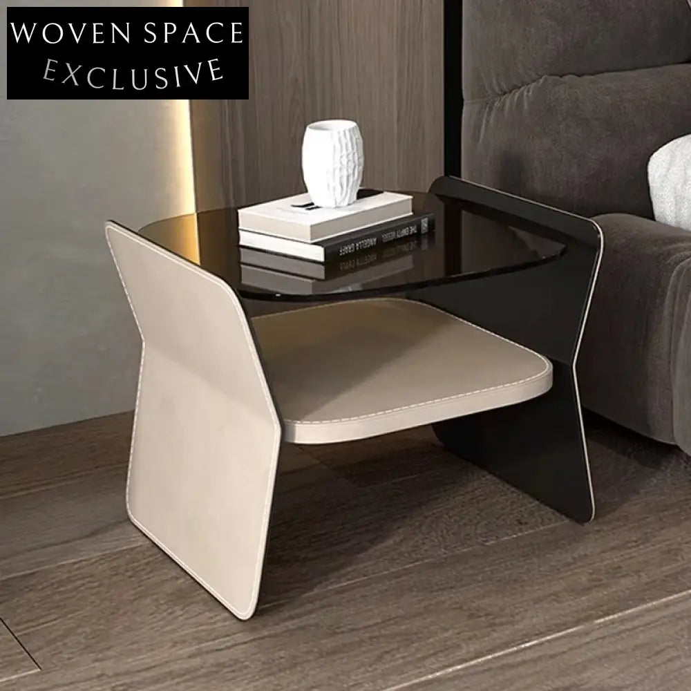 Italian Modern Saddle Leather Glass Top Steel Nightstand Bedside Table