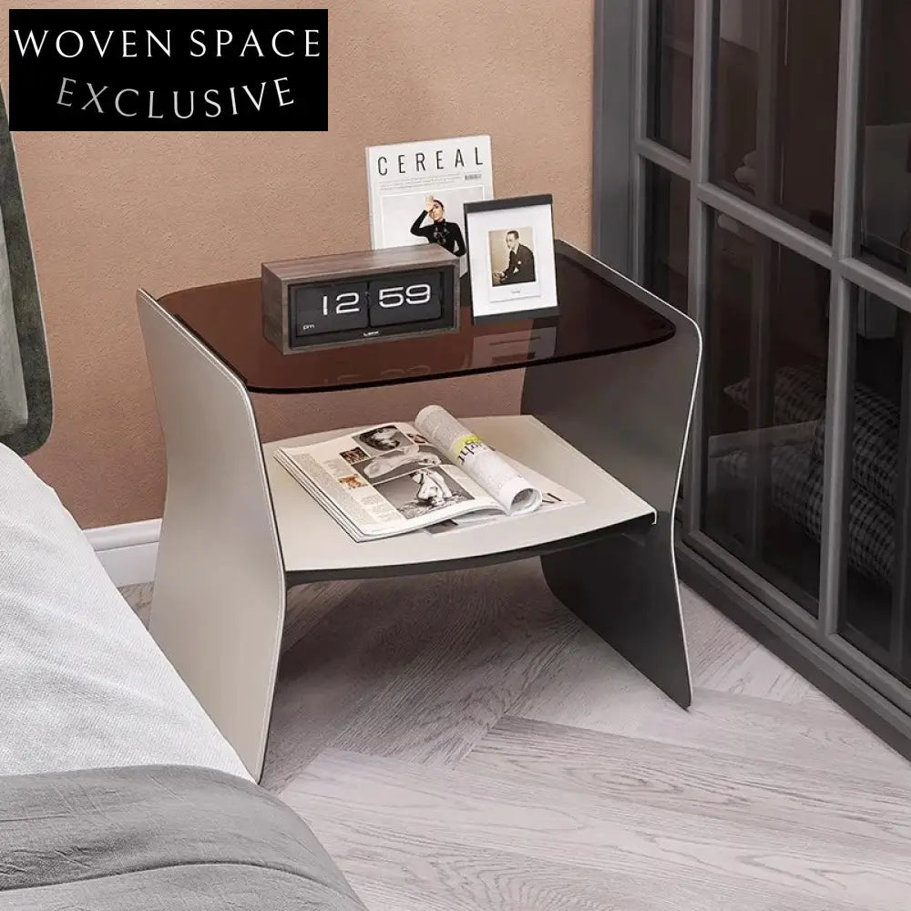 Italian Modern Saddle Leather Glass Top Steel Nightstand Bedside Table