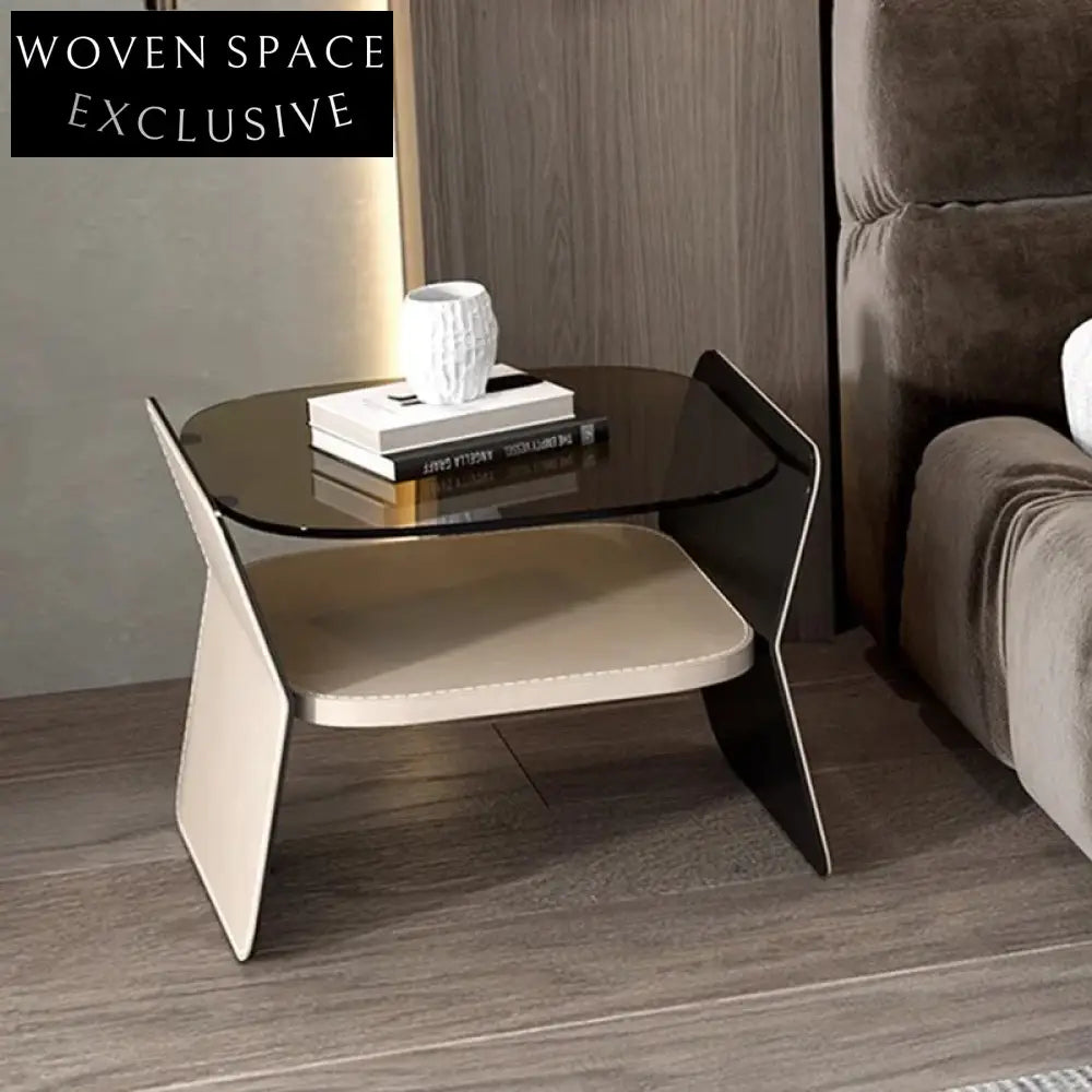 Italian Modern Saddle Leather Glass Top Steel Nightstand Bedside Table