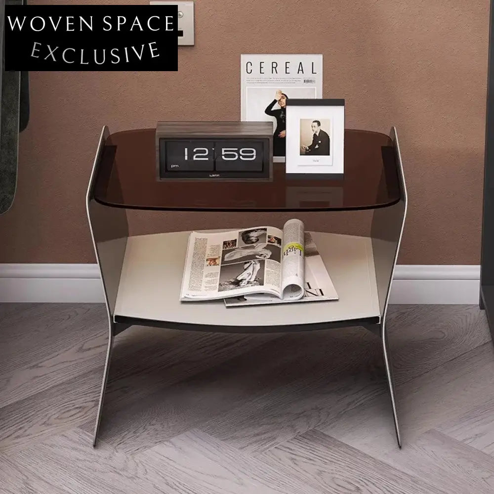 Italian Modern Saddle Leather Glass Top Steel Nightstand Bedside Table