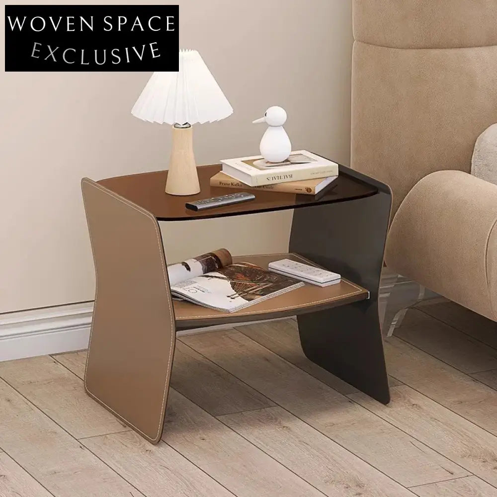 Italian Modern Saddle Leather Glass Top Steel Nightstand Bedside Table