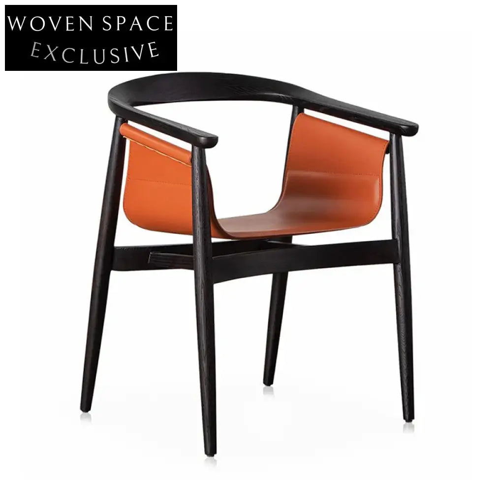 Italian Solid Wood Armchair Modern Curved Backrest Dining Chair with Leather Seat