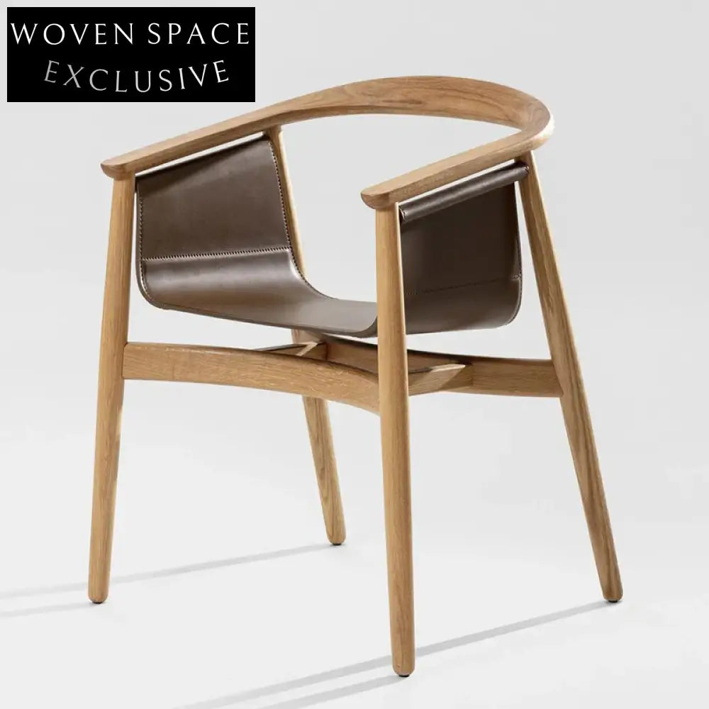 Italian Solid Wood Armchair Modern Curved Backrest Dining Chair with Leather Seat