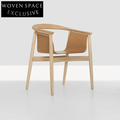 Italian Solid Wood Armchair Modern Curved Backrest Dining Chair with Leather Seat