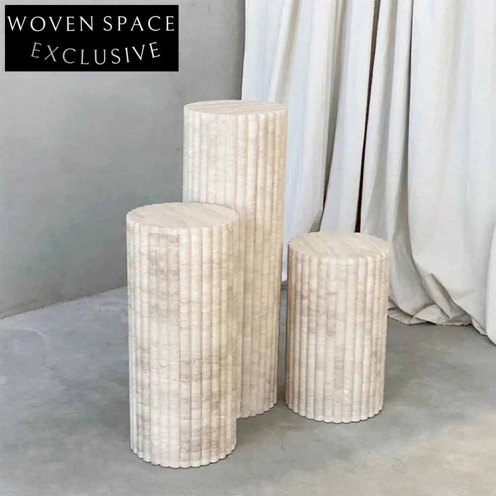 Italian Travertine Round Tall Plinth Natural Marble Side Coffee Table