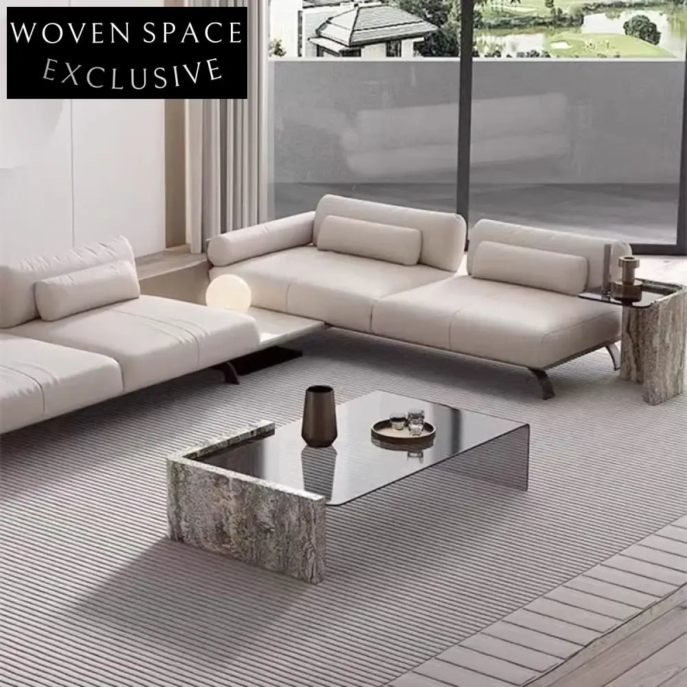 Italian Wabi-Sabi Natural Marble Leg Glass Top Calacatta Viola Coffee Table