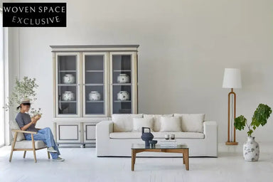 Chic Japandi Wabi-Sabi Square Glass Coffee Table with Recycled Elm Base