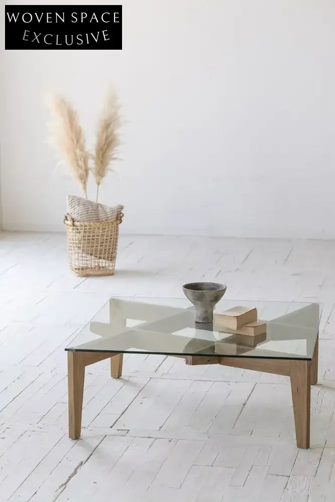 Chic Japandi Wabi-Sabi Square Glass Coffee Table with Recycled Elm Base