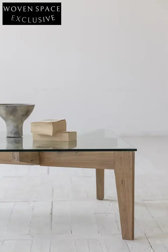 Chic Japandi Wabi-Sabi Square Glass Coffee Table with Recycled Elm Base