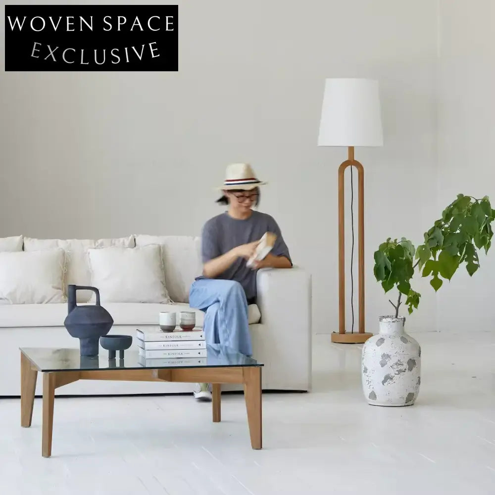 Chic Japandi Wabi-Sabi Square Glass Coffee Table with Recycled Elm Base