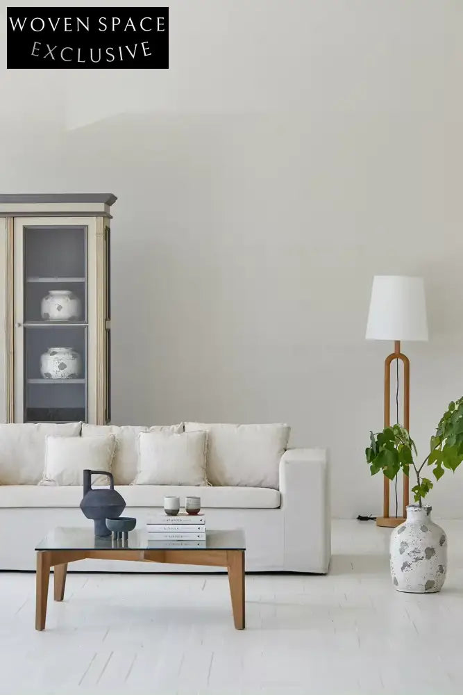 Chic Japandi Wabi-Sabi Square Glass Coffee Table with Recycled Elm Base