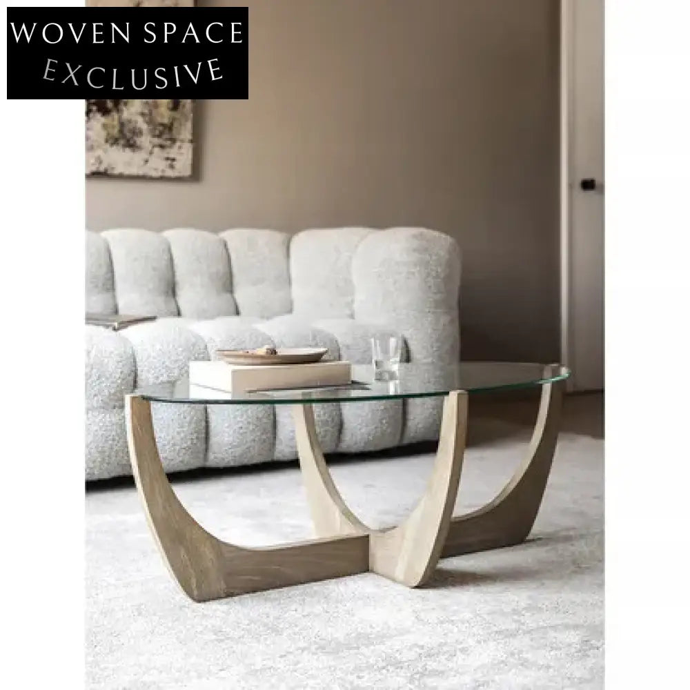 Japandi Oak Tempered Glass Coffee Table: Wabi Sabi Modern Minimalist Design Living Room