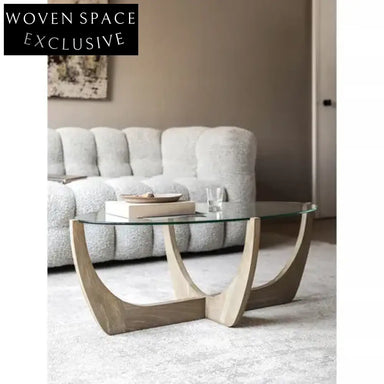 Japandi Oak Tempered Glass Coffee Table: Wabi Sabi Modern Minimalist Design Living Room