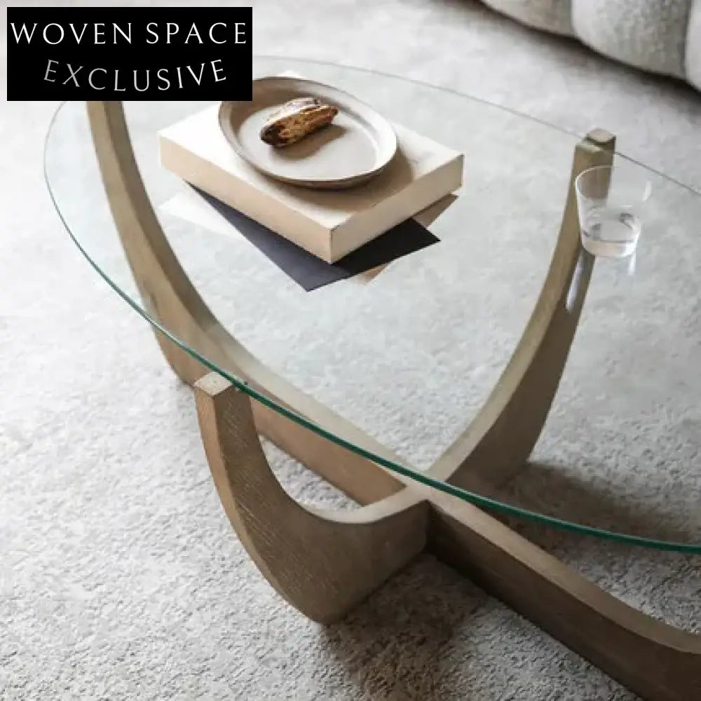 Japandi Oak Tempered Glass Coffee Table: Wabi Sabi Modern Minimalist Design Living Room