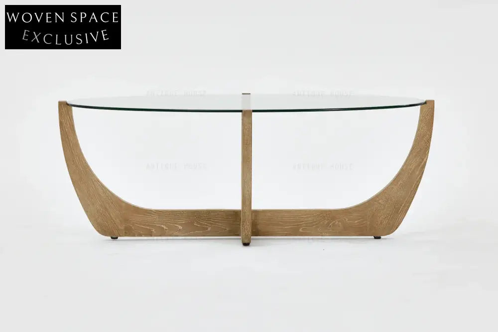 Japandi Oak Tempered Glass Coffee Table: Wabi Sabi Modern Minimalist Design Living Room