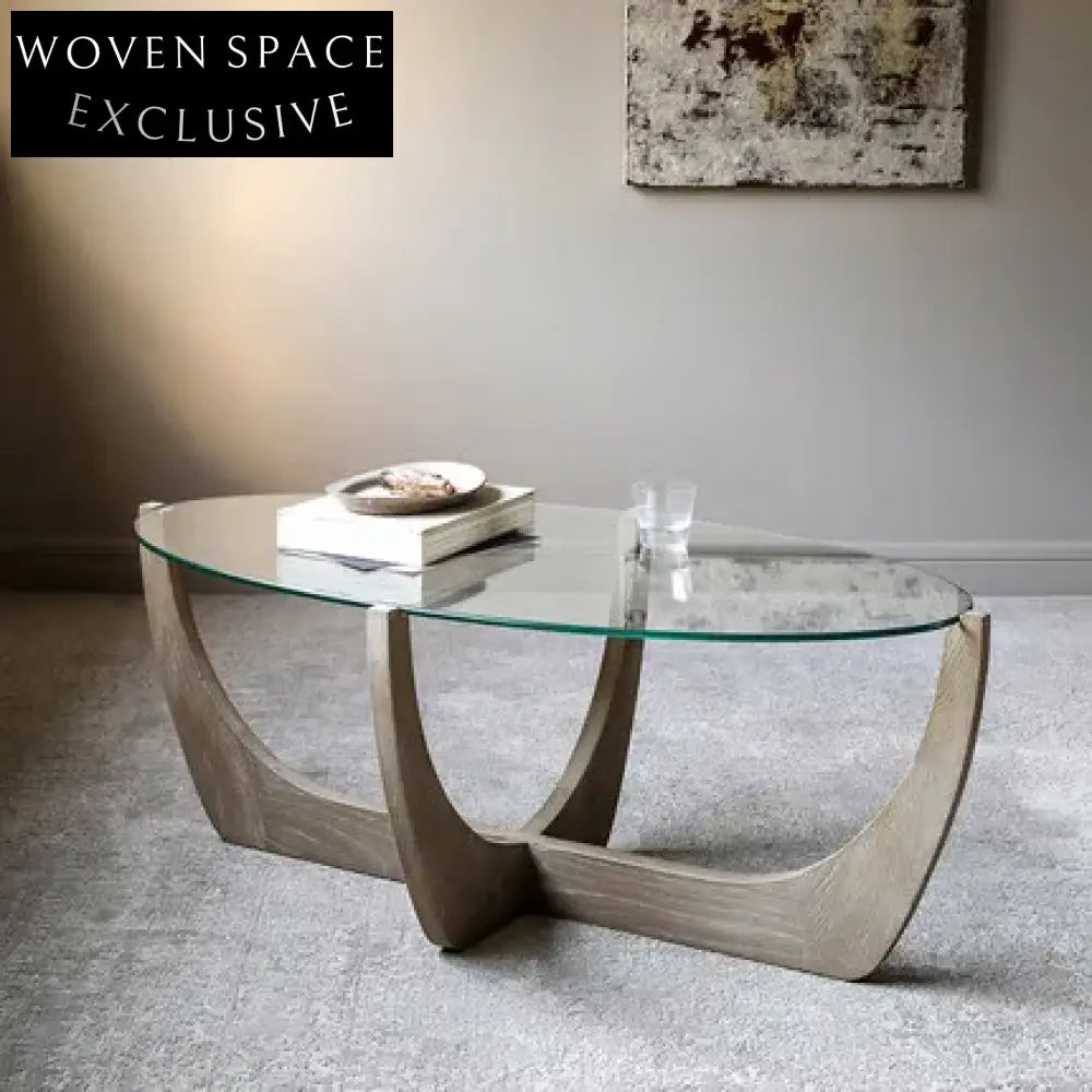 Japandi Oak Tempered Glass Coffee Table: Wabi Sabi Modern Minimalist Design Living Room