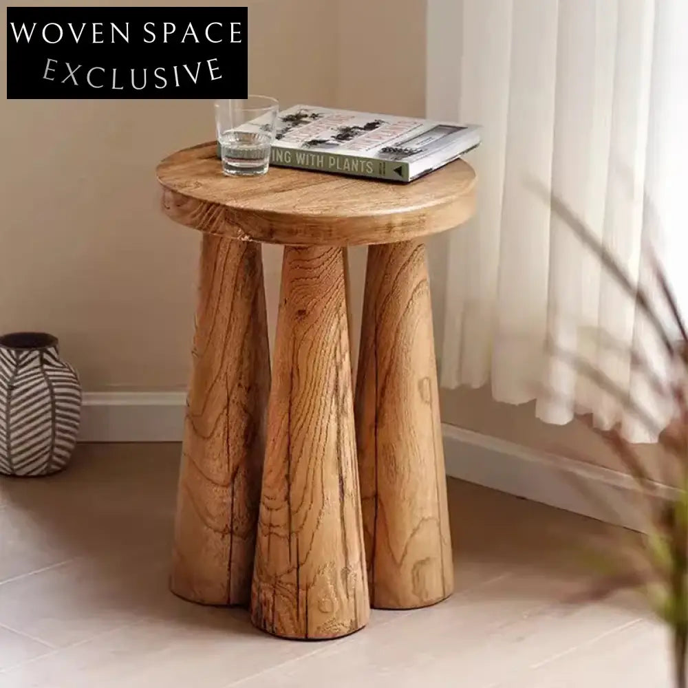 Japandi Solid Elm Wood Round Side Table for Living Room Bedroom Coffee Table