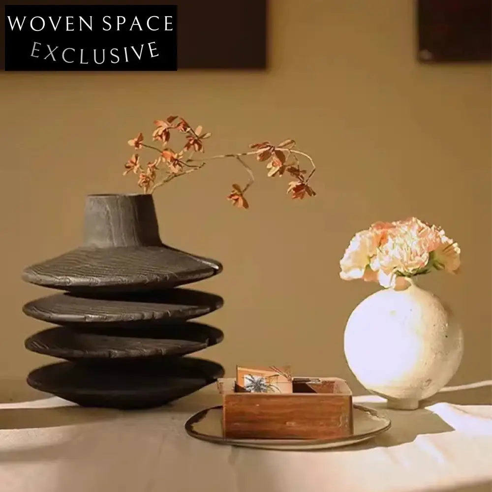 Japandi Style Wabi-Sabi Black Wood Decorative Flower Table Vase