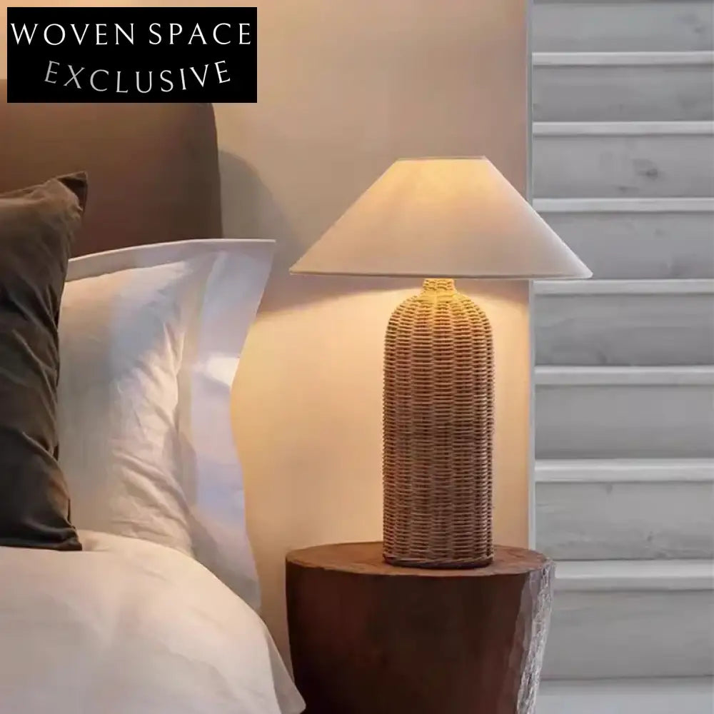 Japanese Retro Rattan Floor Lamp, Tricolor LED Light, Handmade Bedside Reading Lamp