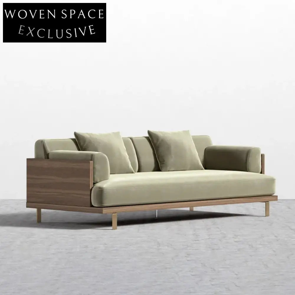 Japanese Style 3-Seat Sofa with Solid Wood Frame and Movable Cushions, Living Room Sofa