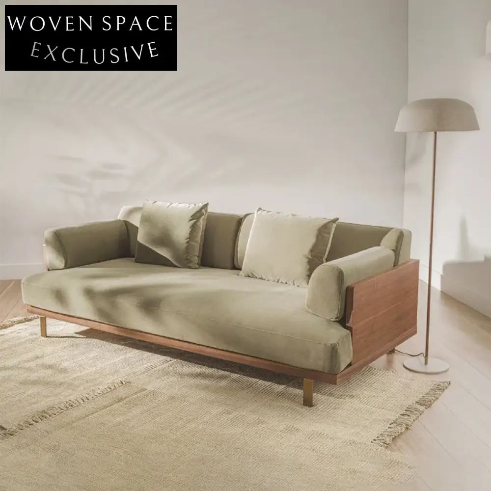 Japanese Style 3-Seat Sofa with Solid Wood Frame and Movable Cushions, Living Room Sofa