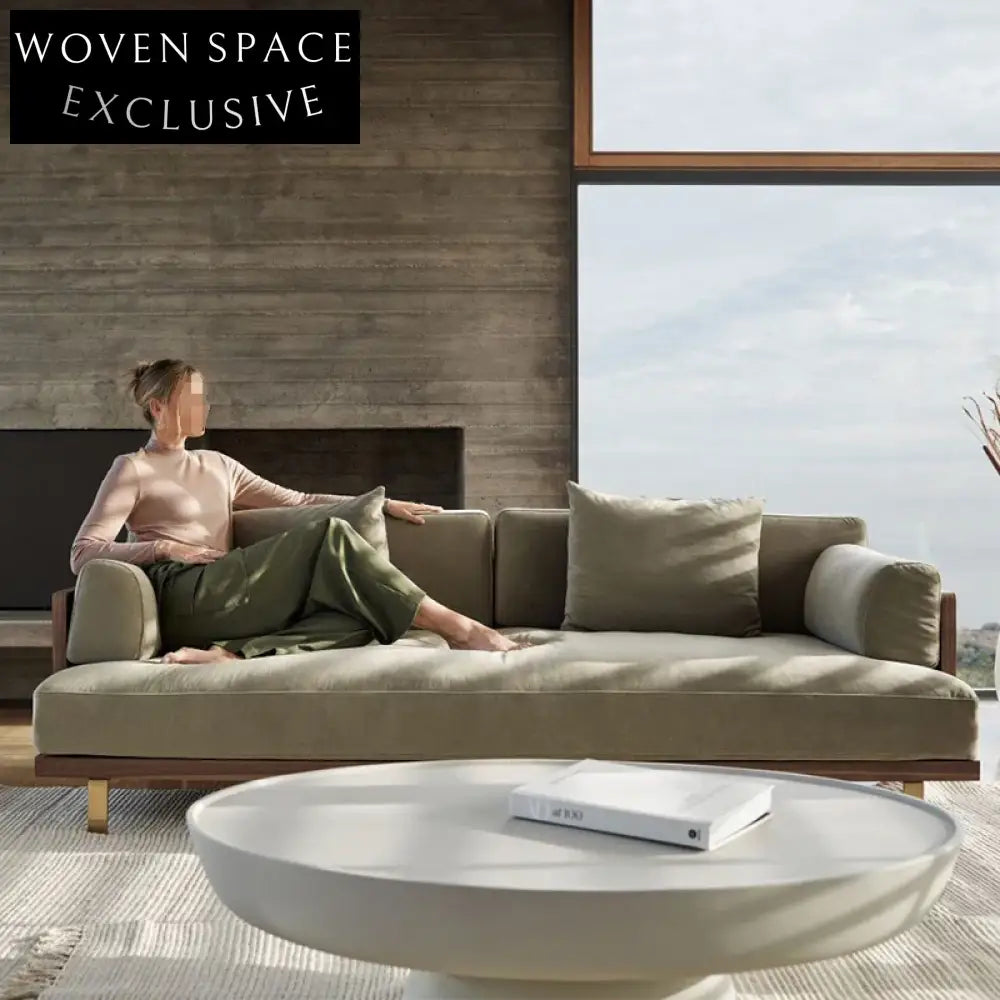 Japanese Style 3-Seat Sofa with Solid Wood Frame and Movable Cushions, Living Room Sofa