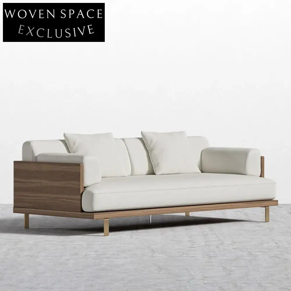 Japanese Style 3-Seat Sofa with Solid Wood Frame and Movable Cushions, Living Room Sofa