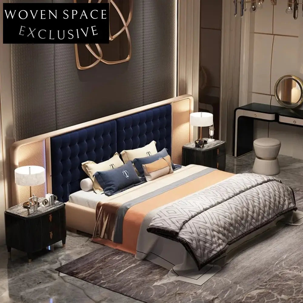 King Size Modern Wood Bed Frame with High Suede Headboard