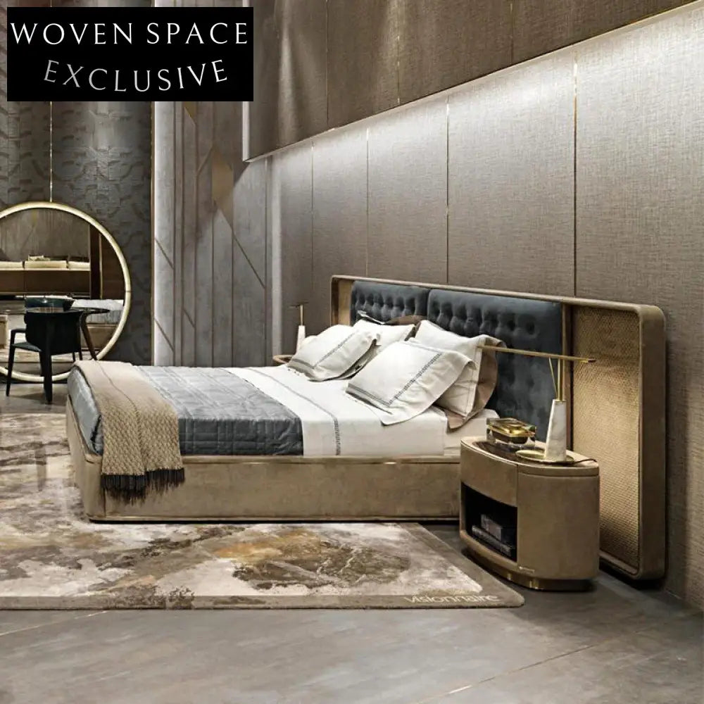 King Size Modern Wood Bed Frame with High Suede Headboard