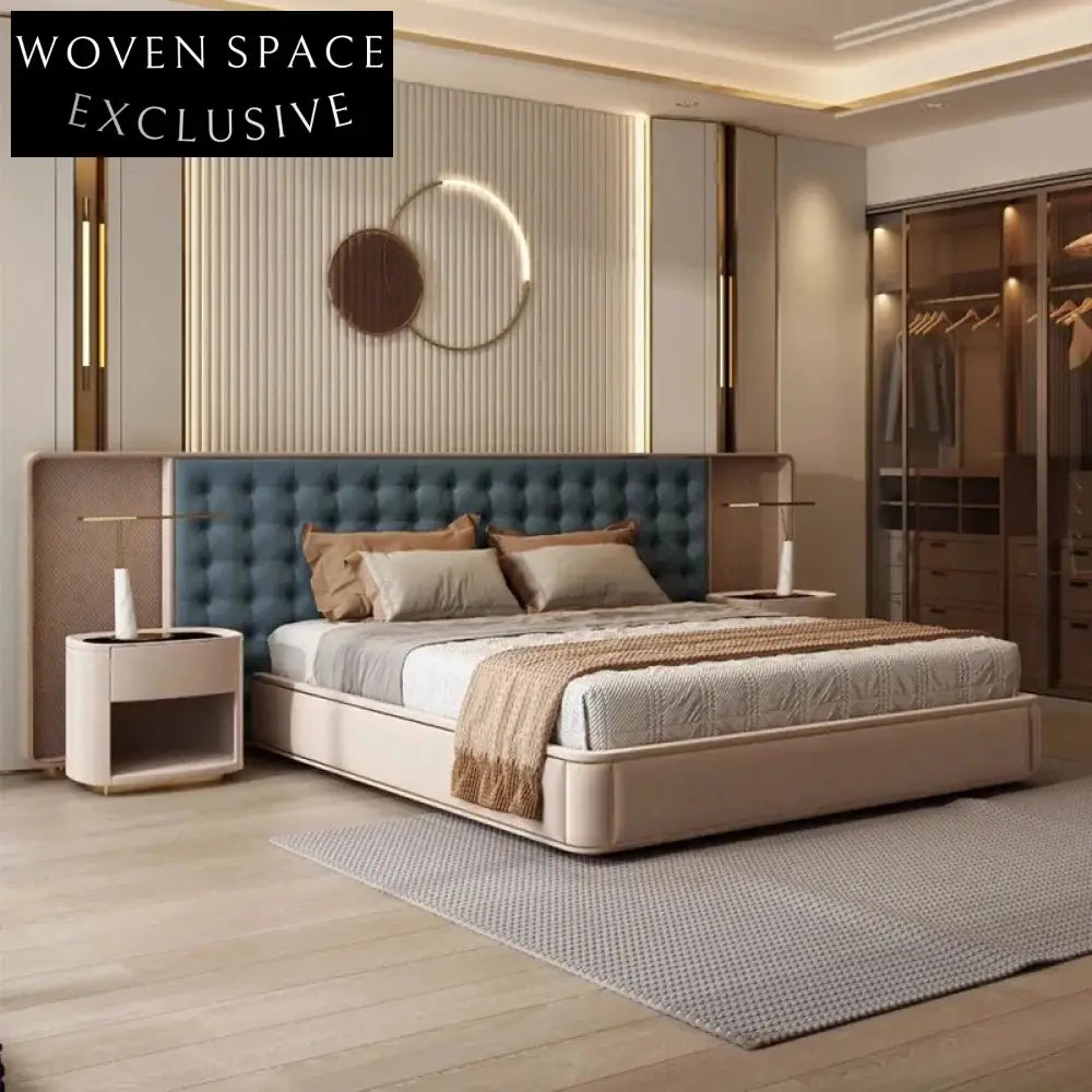King Size Modern Wood Bed Frame with High Suede Headboard