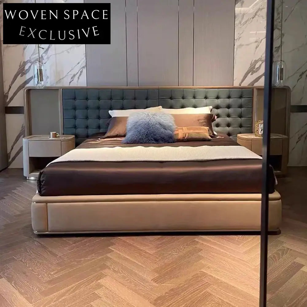 King Size Modern Wood Bed Frame with High Suede Headboard