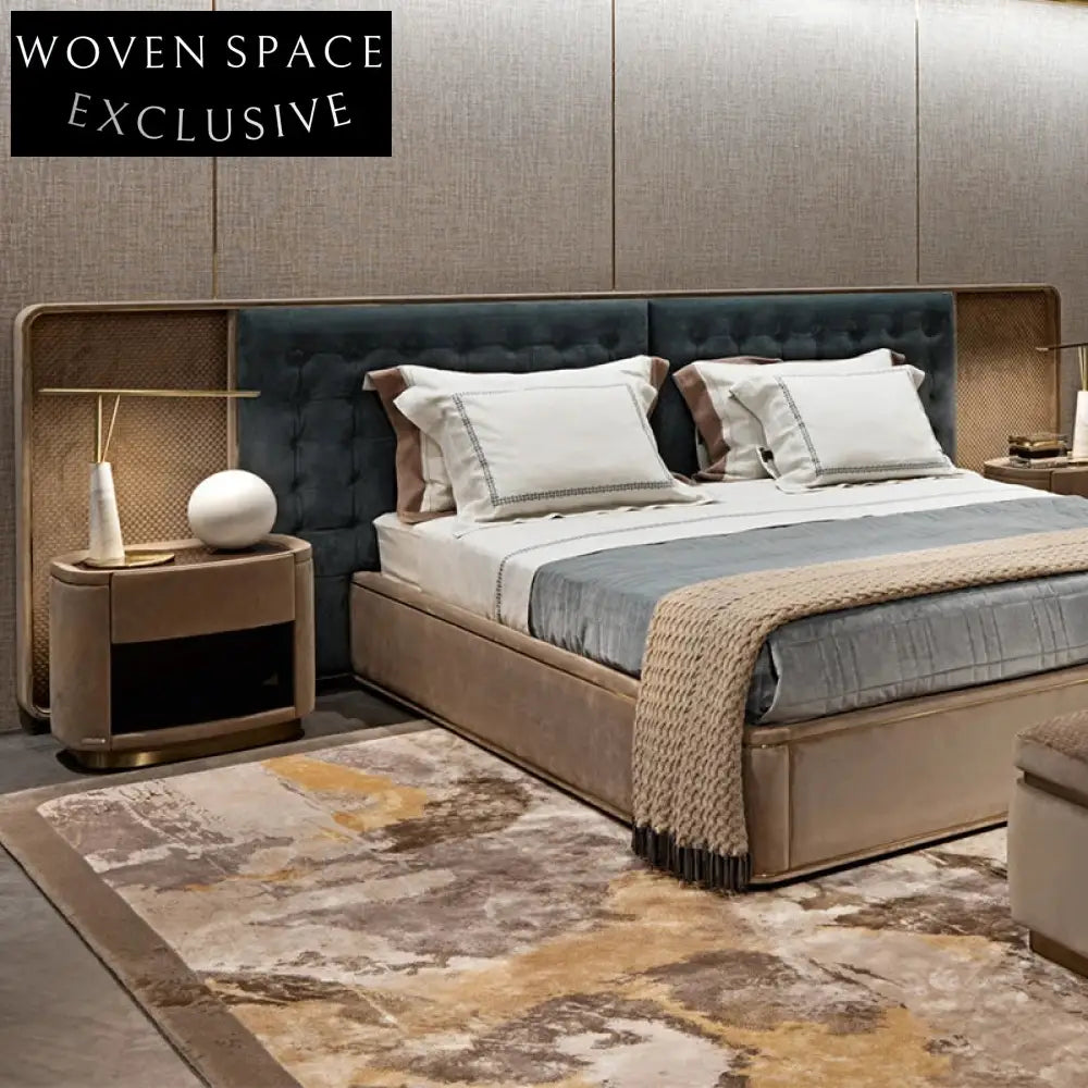 King Size Modern Wood Bed Frame with High Suede Headboard