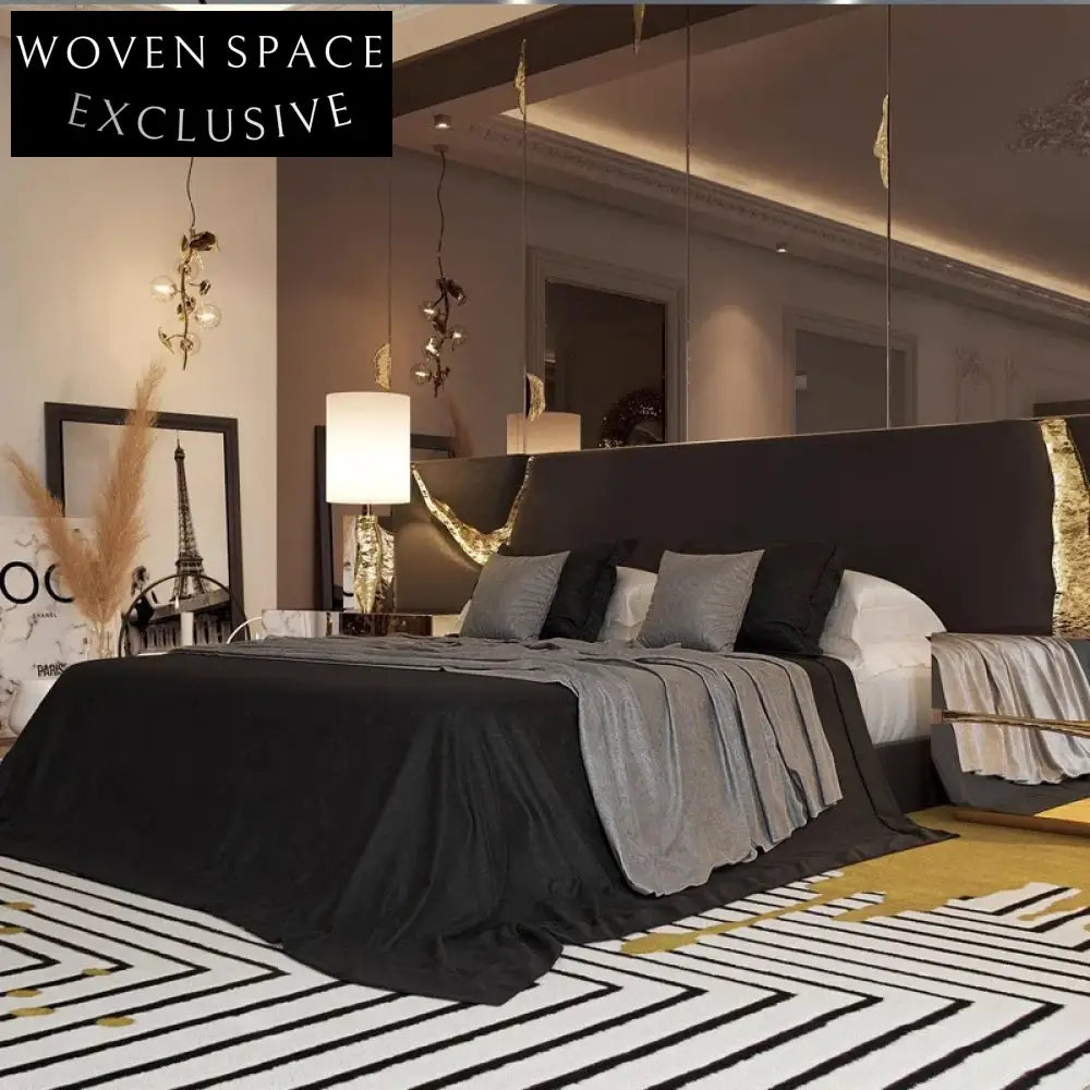 King Size Suede Fabric Upholstered Bed Frame with Golden Metal Trim