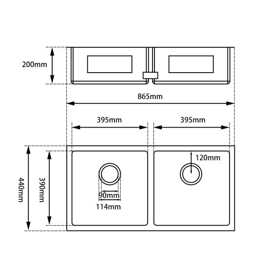 1.2mm 865x440x200mm Handmade Double Bowls Top/Undermount Kitchen Sink Round Corner