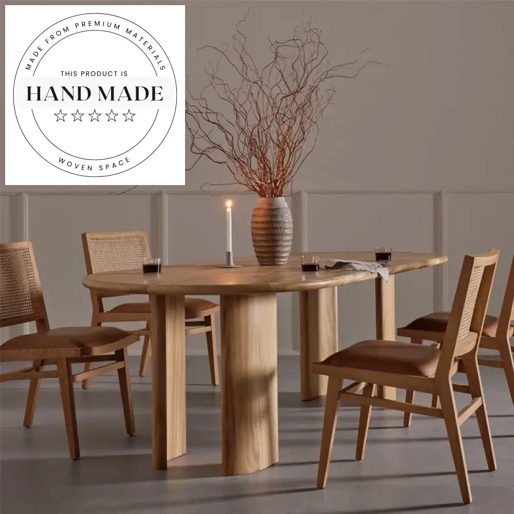 Large Vintage Beige Travertine and Solid Wood Oval Dining Table