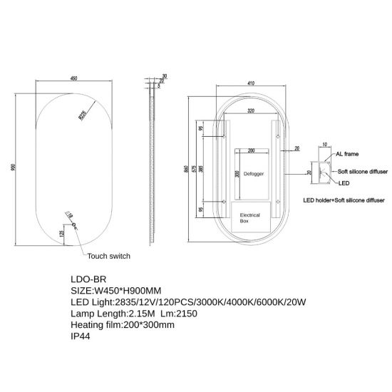 450*900mm Builder Range Oval Sharp-Edged 3 Color Lighting Backlit LED Mirror with Touch Sensor Switch