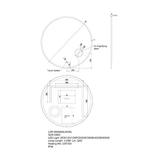 900mm Round 3 Color Lighting LED Mirror with Magnifying Mirror Touch Sensor Switch Defogger Pad Wall Mounted