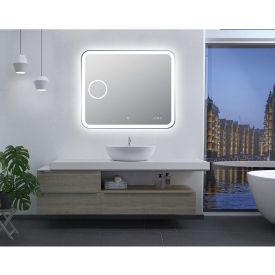 Curved Rim Rectangle 3 Color Lighting LED Mirror Magnifier Touch Sensor Switch Defogger Pad Wall Mounted