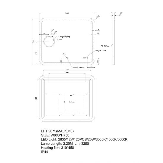 900x750mm Curved Rim Rectangle 3 Color Lighting LED Mirror Magnifier Touch Sensor Switch Defogger Pad Wall Mounted