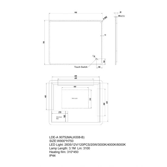 900x750mm Curved Rim Rectangle 3 Color Lighting LED Mirror Touch Sensor Switch Acrylic Side Light Wall Mounted Vertical or Horizontal